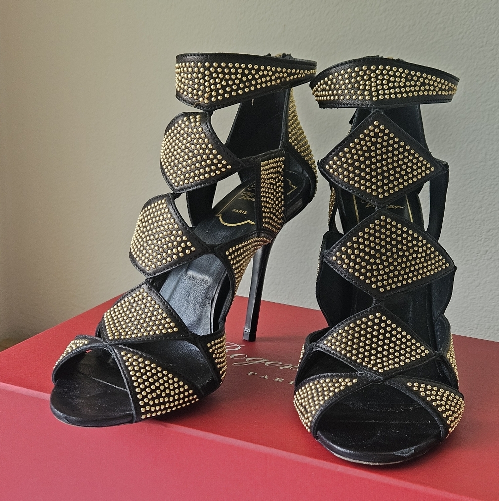Roger Vivier Black and Gold Studded Heels